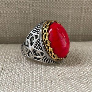 Men Ring Red Faux Stone Gold/Silver Tone Turkish Style Jewelry Size 7.5
